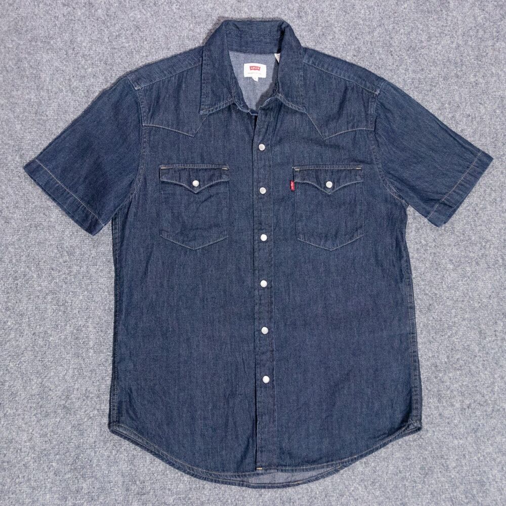 Levi's Pearl Snap Dark Wash Blue Denim Western Shirt Short Sleeve Men's Small